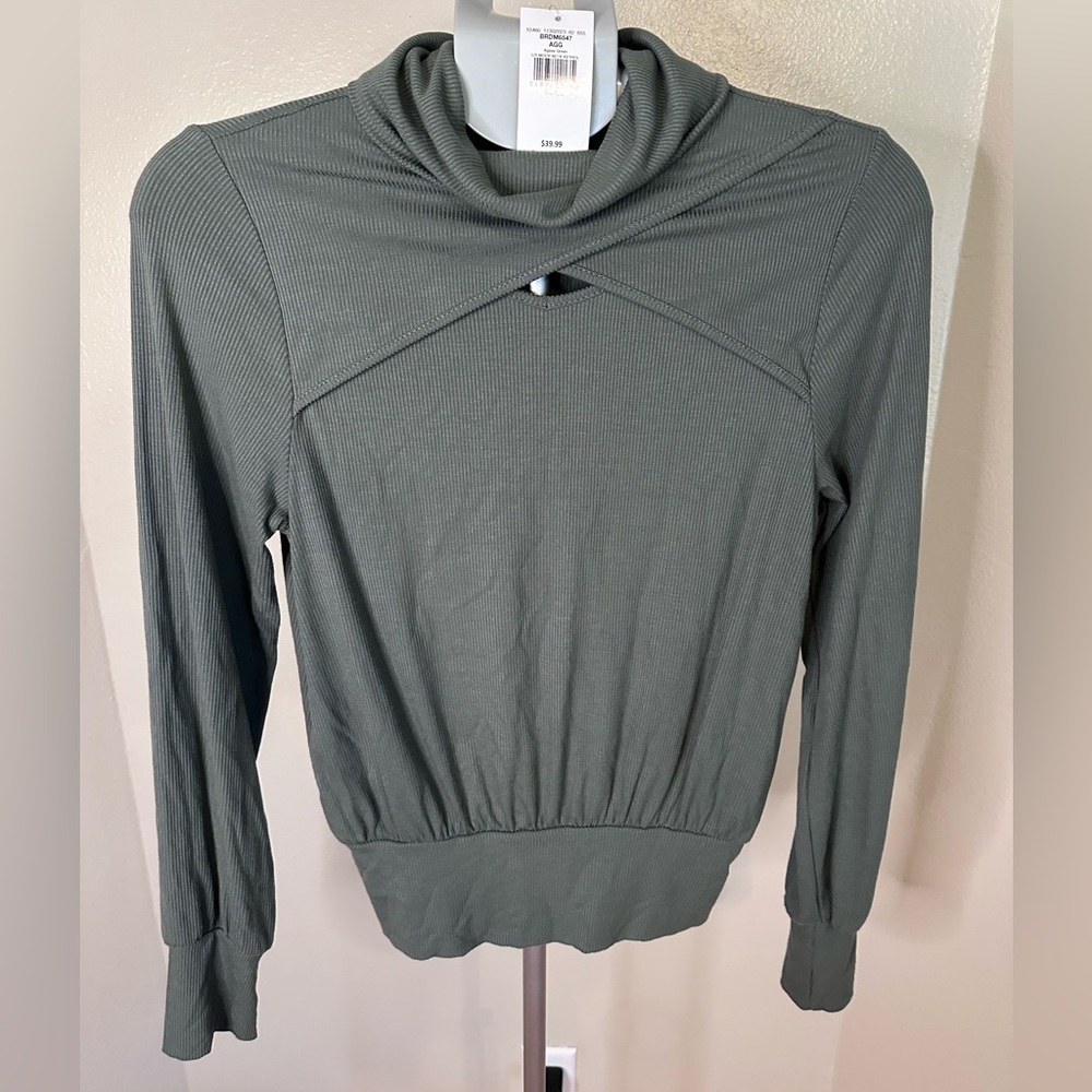 NWT BKE Agave Green Long Sleeve Mock Neck Keyhole Top